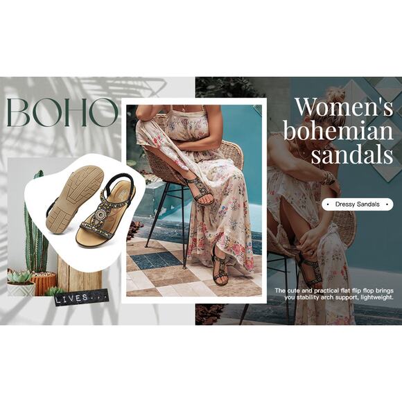 Women’s Boho Flat Sandals Beaded Elastic Strap Summer Dressy Casual Sz 8 - Picture 5 of 12